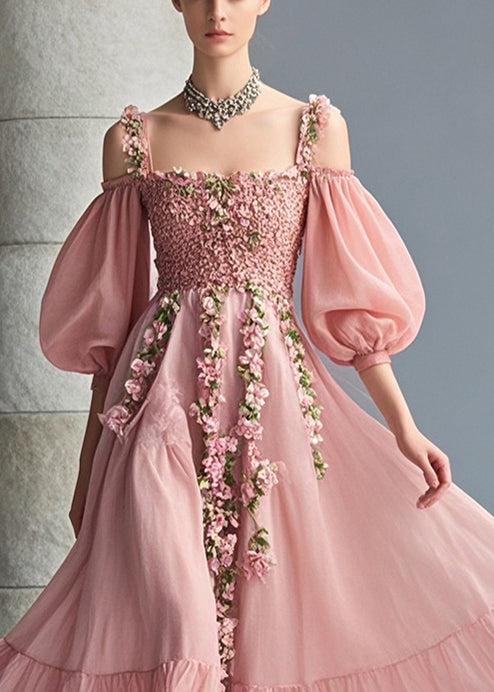Off Shoulder Puff Sleeve Chiffon 3D Floral Midi Dress - View 2