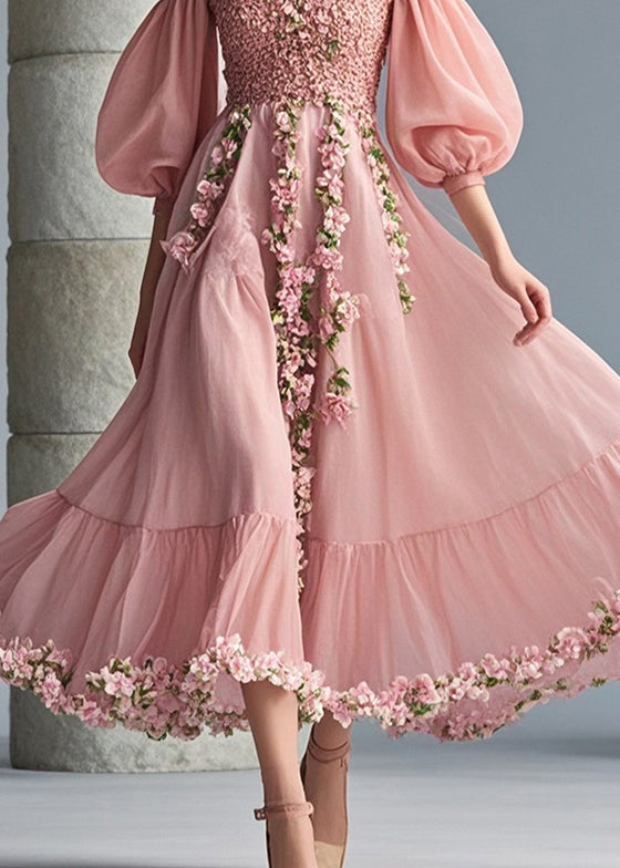Off Shoulder Puff Sleeve Chiffon 3D Floral Midi Dress - View 4