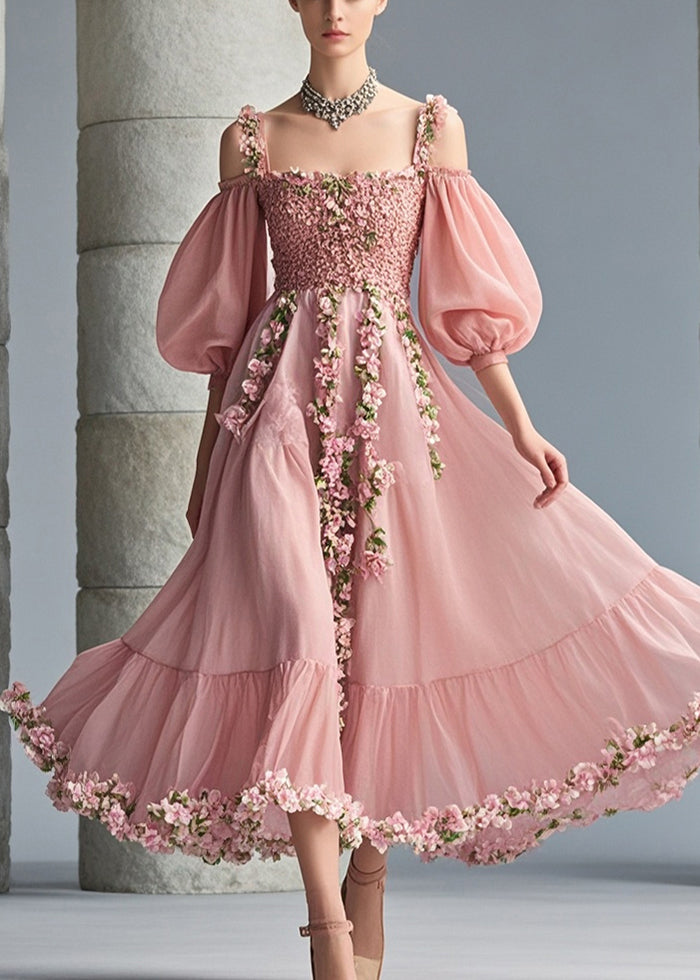 Off Shoulder Puff Sleeve Chiffon 3D Floral Midi Dress - View 5