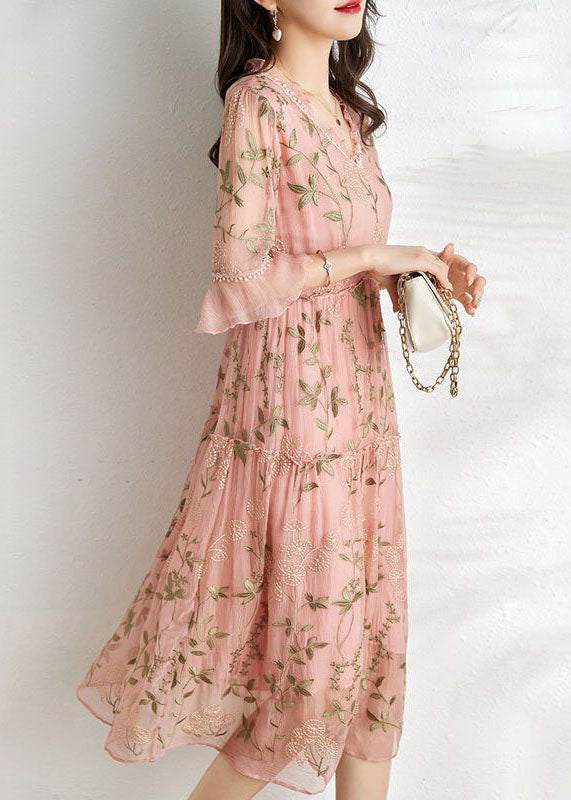 Floral Embroidered Crinkle Mesh V-Neck Lace Trim Ruffle Cuff Empire Waist Midi Dress