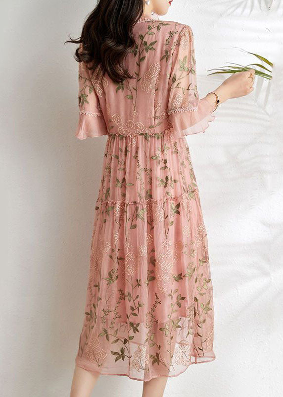 Floral Embroidered Crinkle Mesh V-Neck Lace Trim Ruffle Cuff Empire Waist Midi Dress