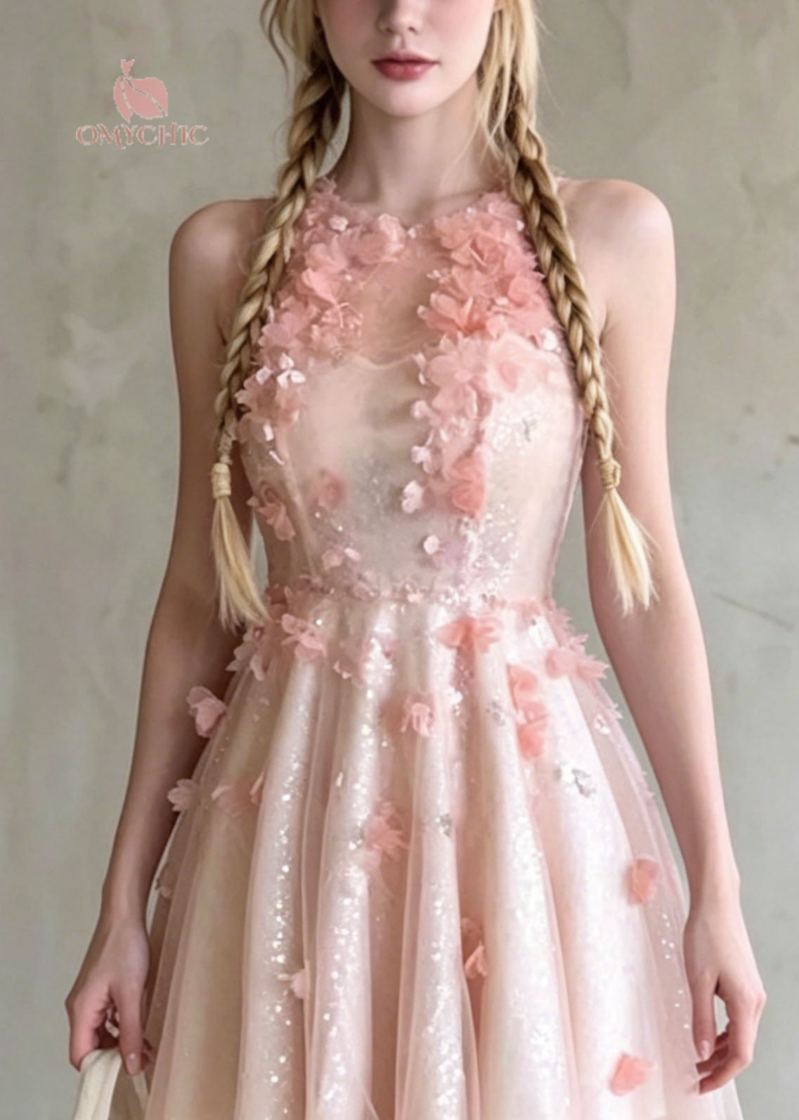 Sequin Mesh High Neck 3D Floral Appliqué Tiered Tulle Mini Party Dress