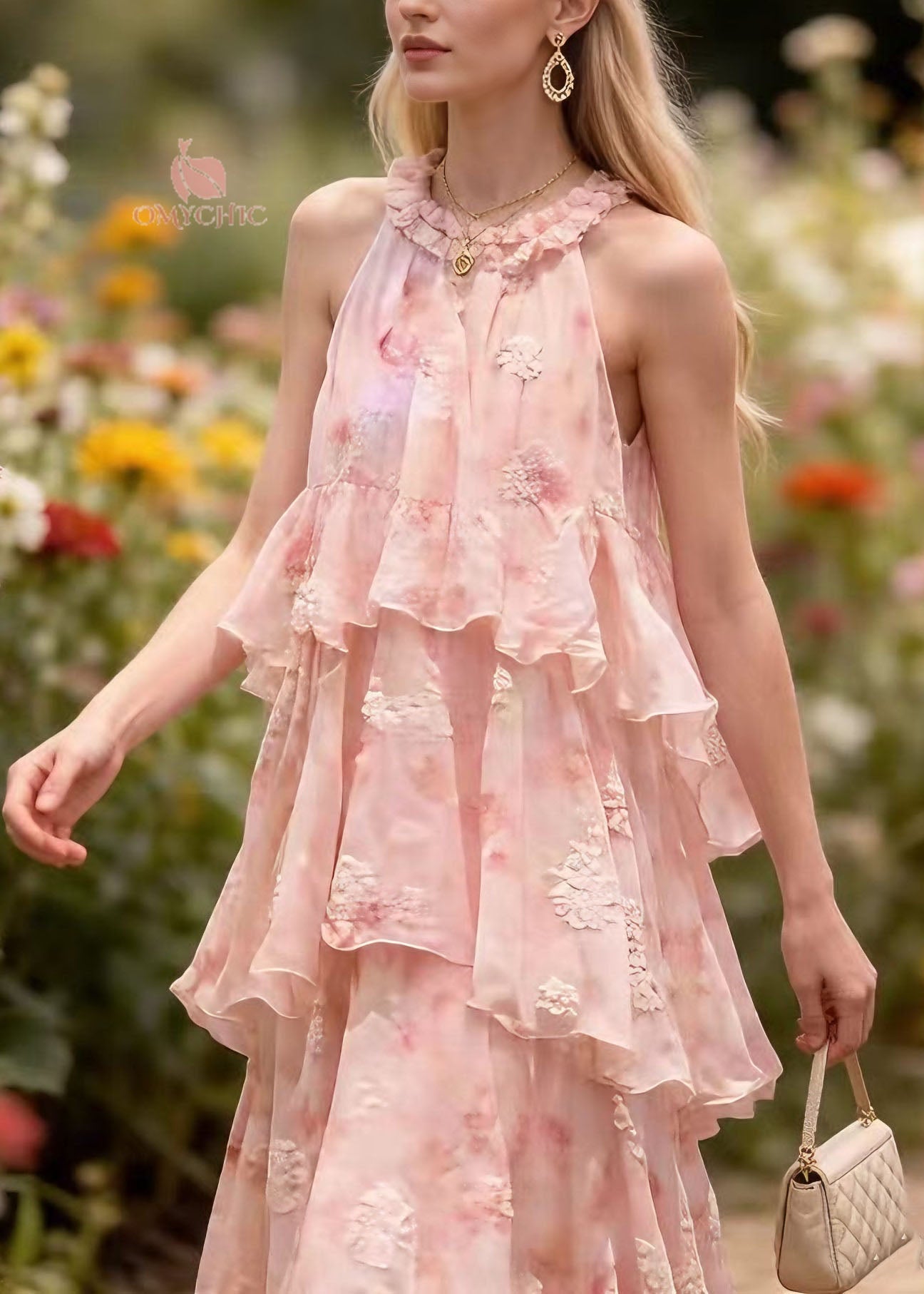 French Pink Ruffled Patchwork Chiffon Maxi Dresses Summer - View 2