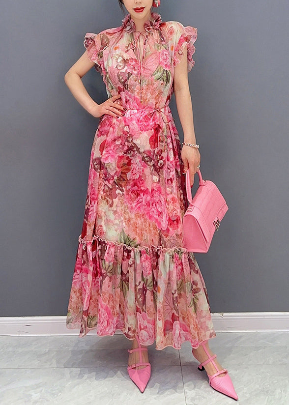 French Pink Ruffled Print Chiffon Dress Two Pieces Set Summer 2