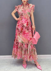 French Pink Ruffled Print Chiffon Dress Two Pieces Set Summer 2