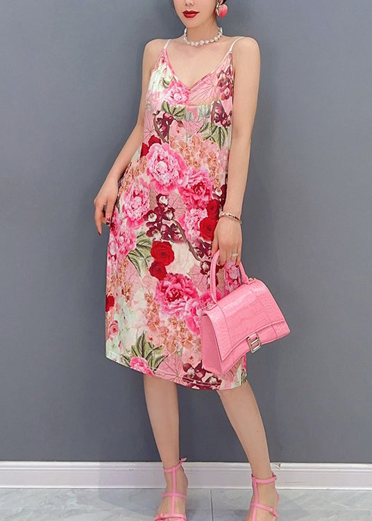 French Pink Ruffled Print Chiffon Dress Two Pieces Set Summer 3