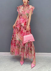French Pink Ruffled Print Chiffon Dress Two Pieces Set Summer 4