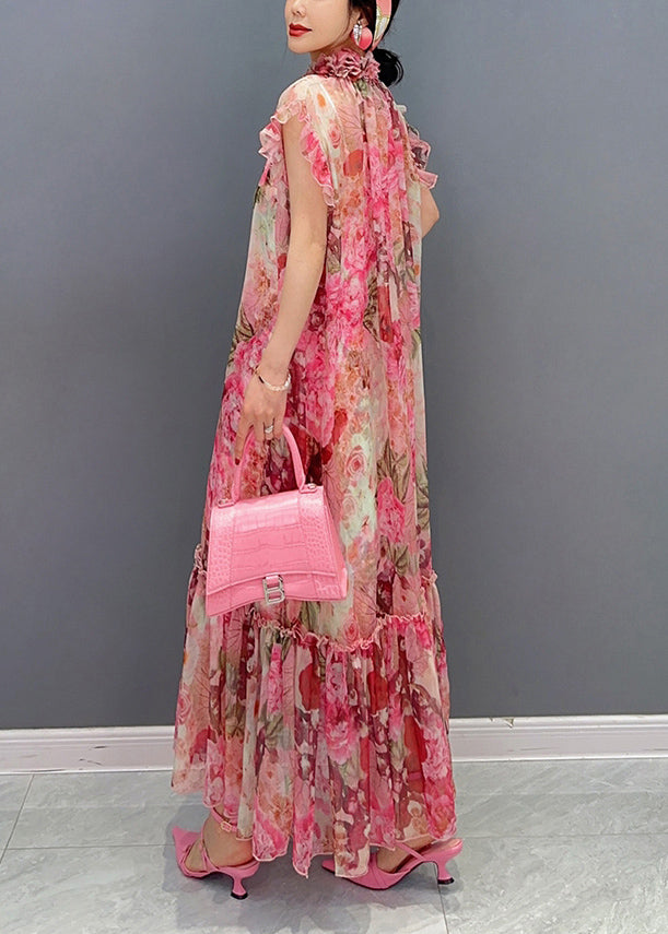 French Pink Ruffled Print Chiffon Dress Two Pieces Set Summer 5