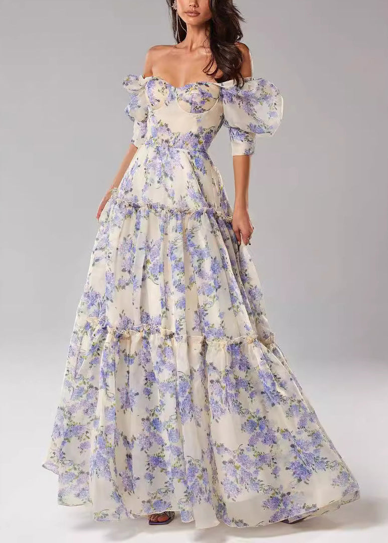 French Pink Ruffled Print Chiffon Long Dresses Summer 2