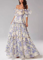 French Pink Ruffled Print Chiffon Long Dresses Summer 2