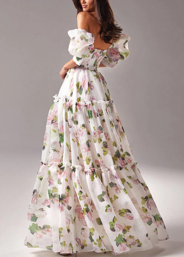 French Pink Ruffled Print Chiffon Long Dresses Summer 3