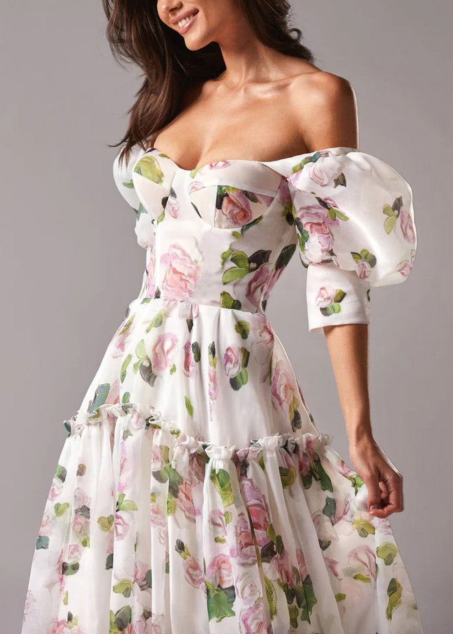 French Pink Ruffled Print Chiffon Long Dresses Summer 5