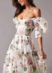French Pink Ruffled Print Chiffon Long Dresses Summer 5