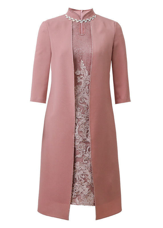 Floral Lace Mandarin Collar Keyhole Beaded Trim Dress Open Front Coat Two Piece Set