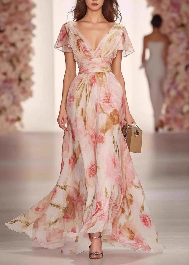 Floral Chiffon Deep V-Neck Flutter Sleeve Ruched Waist Maxi Dress