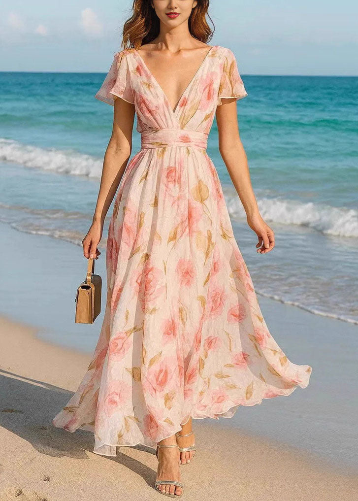 French Pink V Neck Print Chiffon Maxi Dresses Summer - View 3