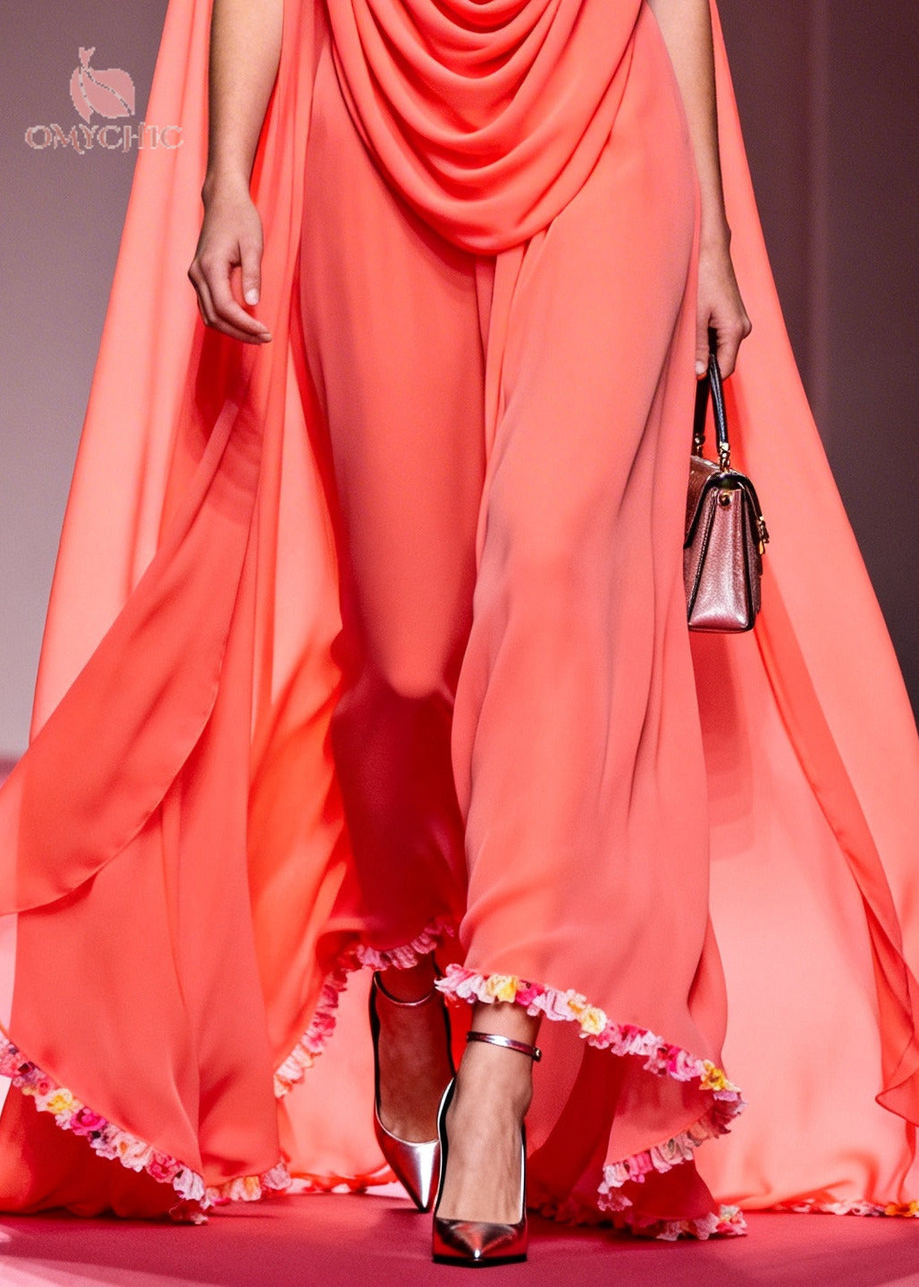 Chiffon Cowl Neck Cape Overlay Floral Ruffle Hem Wide Leg Jumpsuit