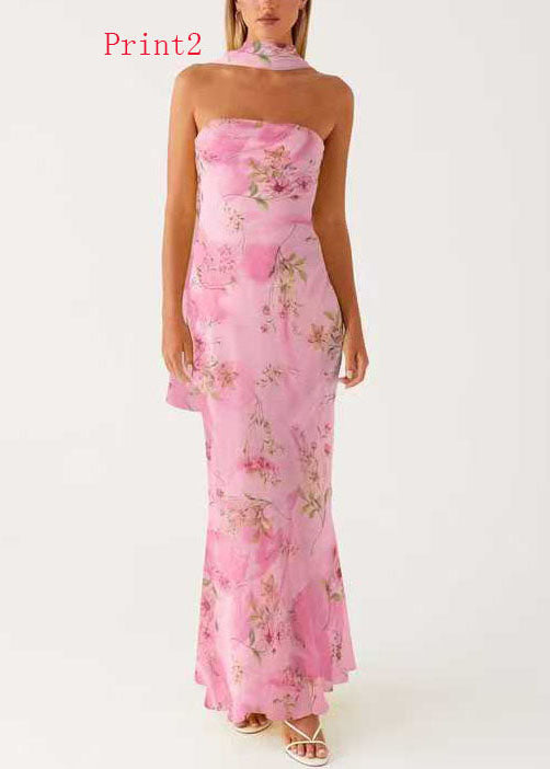 French Print Chiffon Strapless Maxi Dresses Sleeveless - View 2