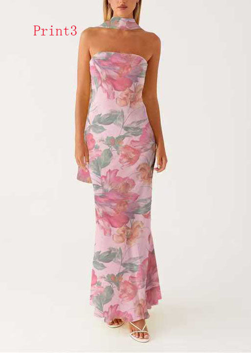 French Print Chiffon Strapless Maxi Dresses Sleeveless - View 3