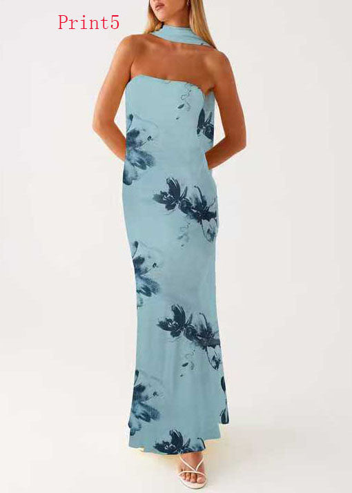 French Print Chiffon Strapless Maxi Dresses Sleeveless - View 5
