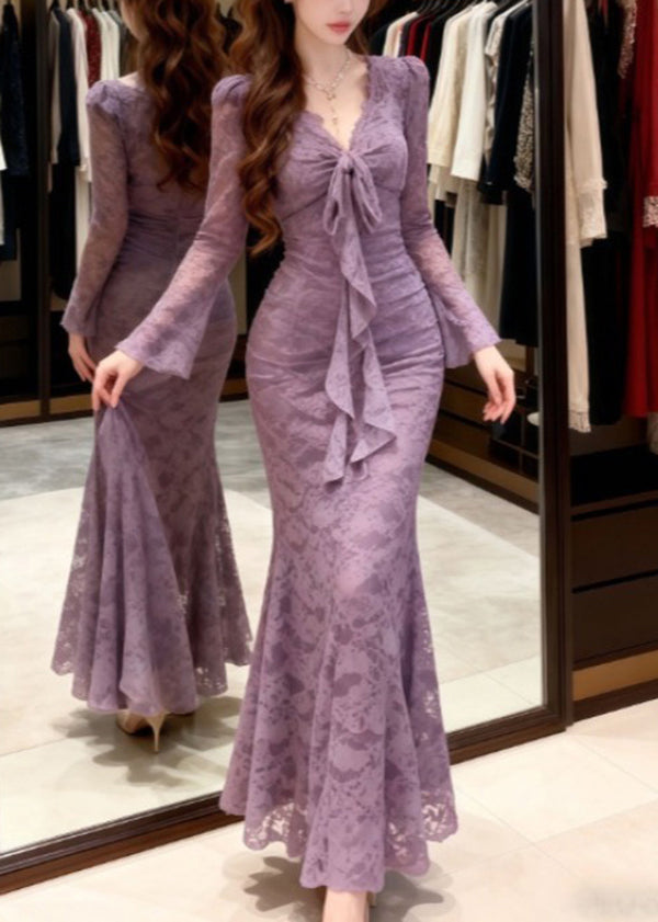 Lace V-Neck Bow Ruffle Front Flare Sleeve Mermaid Maxi Dress