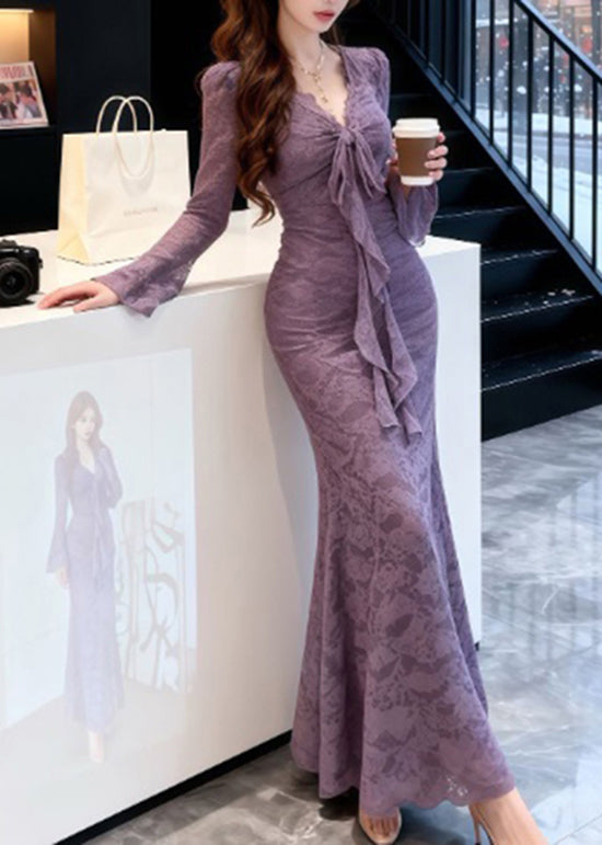 French Purple Bow Lace Slim Fit Maxi Dresses Spring 2
