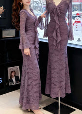French Purple Bow Lace Slim Fit Maxi Dresses Spring 3