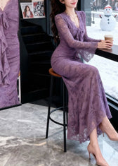 French Purple Bow Lace Slim Fit Maxi Dresses Spring 4