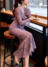 French Purple Bow Lace Slim Fit Maxi Dresses Spring 5