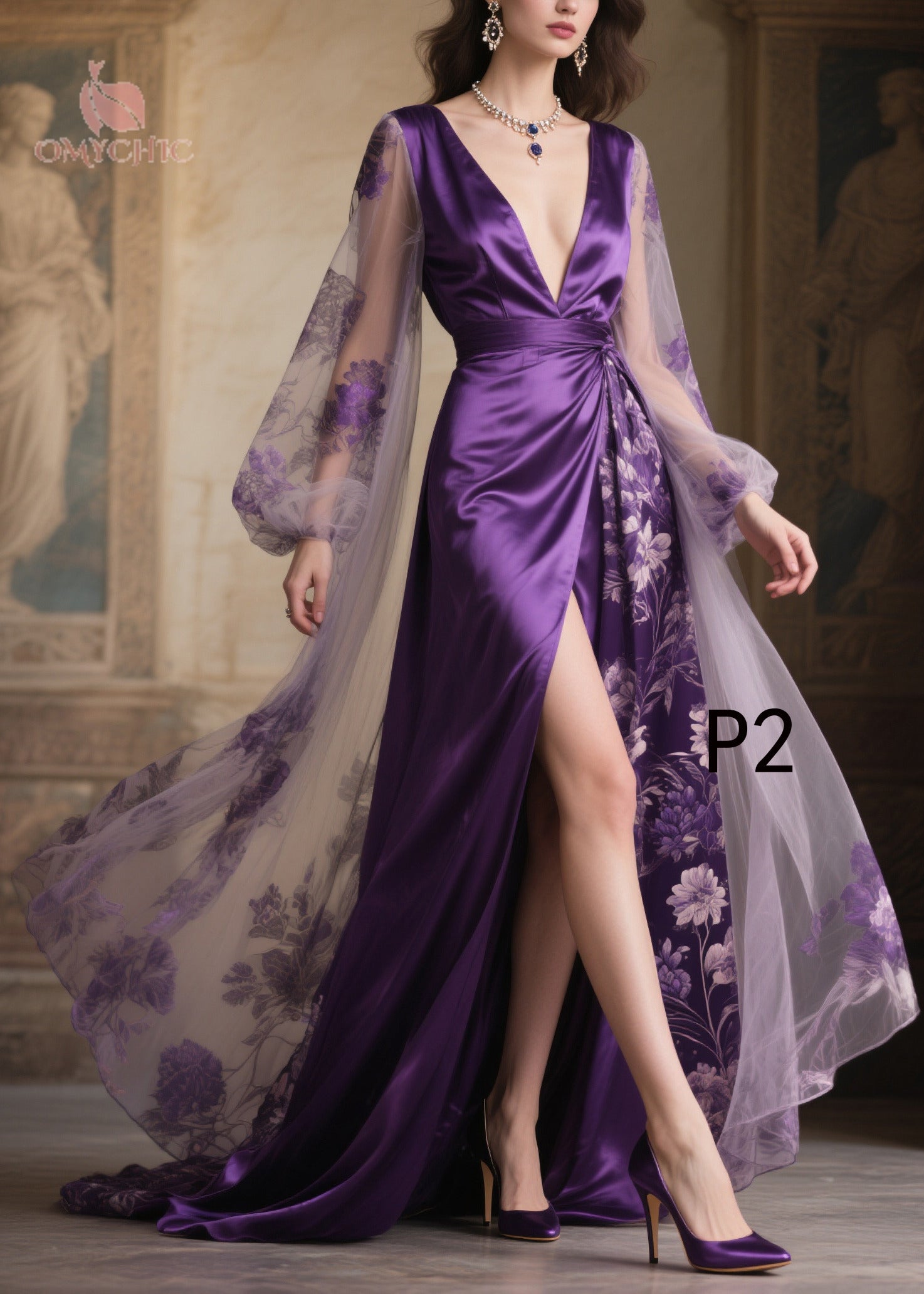 Floral Sheer Cape Sleeve Deep V-Neck Wrap Belt High Split Satin Maxi Gown