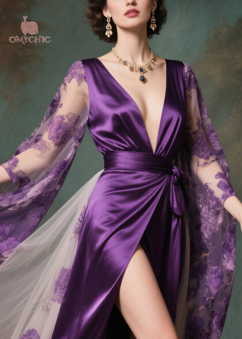 Floral Sheer Cape Sleeve Deep V-Neck Wrap Belt High Split Satin Maxi Gown