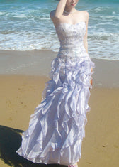 French Purple Ruffled Chiffon Strapless Dress Summer