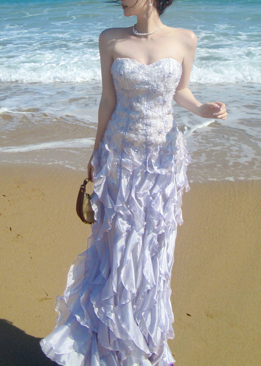 French Purple Ruffled Chiffon Strapless Dress Summer 2