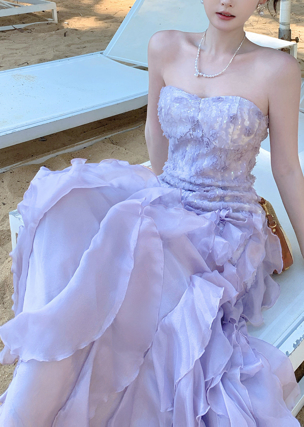 French Purple Ruffled Chiffon Strapless Dress Summer 3
