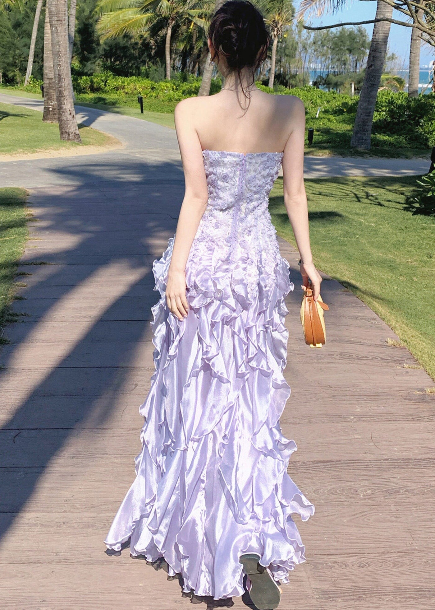 French Purple Ruffled Chiffon Strapless Dress Summer 4