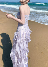 French Purple Ruffled Chiffon Strapless Dress Summer 5