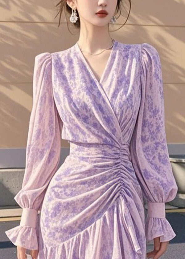 French Purple Ruffled Cinched Asymmetrical Chiffon Dress Fall 2