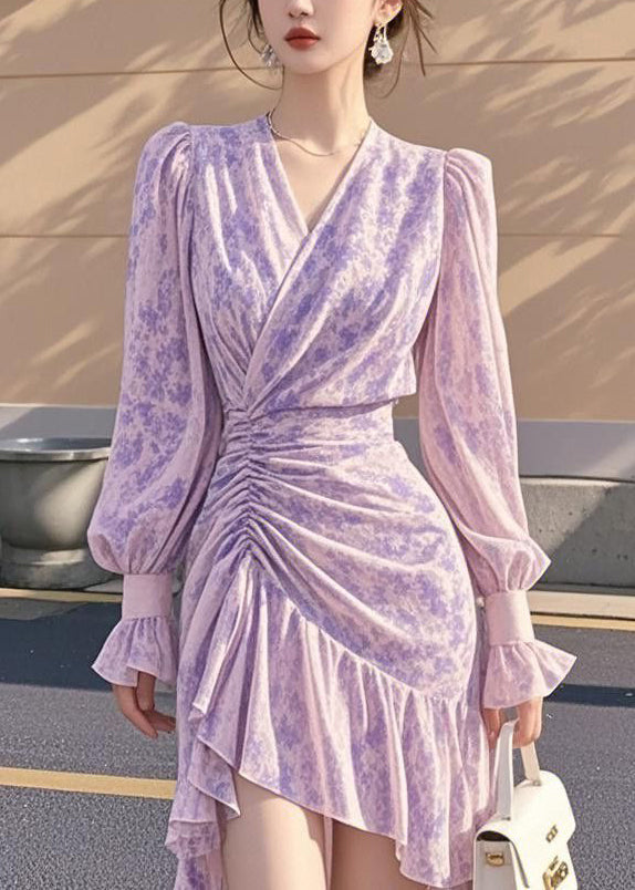French Purple Ruffled Cinched Asymmetrical Chiffon Dress Fall 3