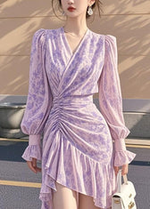 French Purple Ruffled Cinched Asymmetrical Chiffon Dress Fall 3