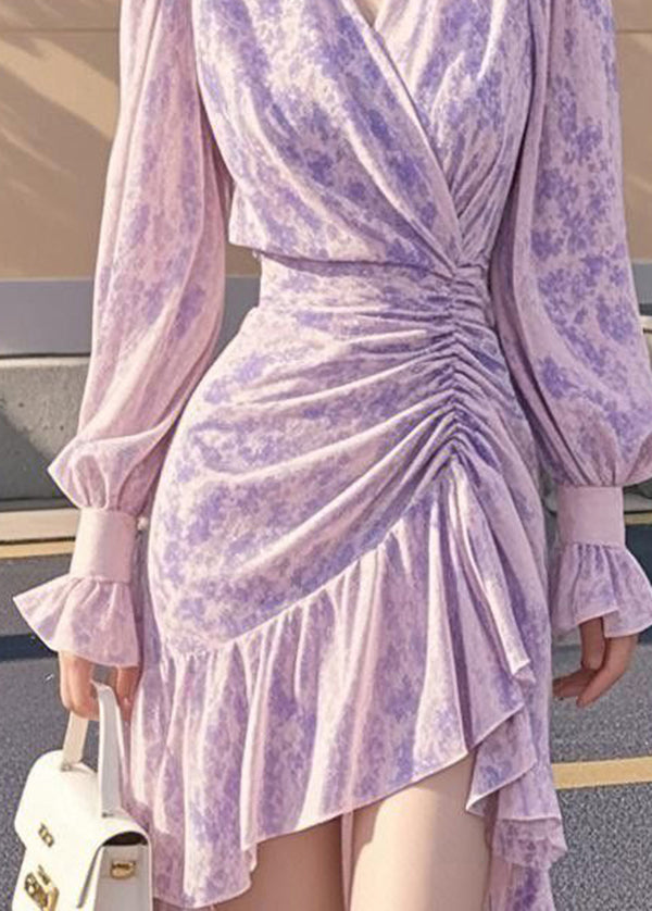French Purple Ruffled Cinched Asymmetrical Chiffon Dress Fall 4