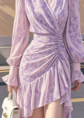 French Purple Ruffled Cinched Asymmetrical Chiffon Dress Fall 4