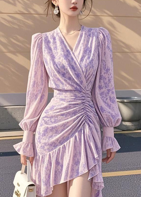French Purple Ruffled Cinched Asymmetrical Chiffon Dress Fall 5