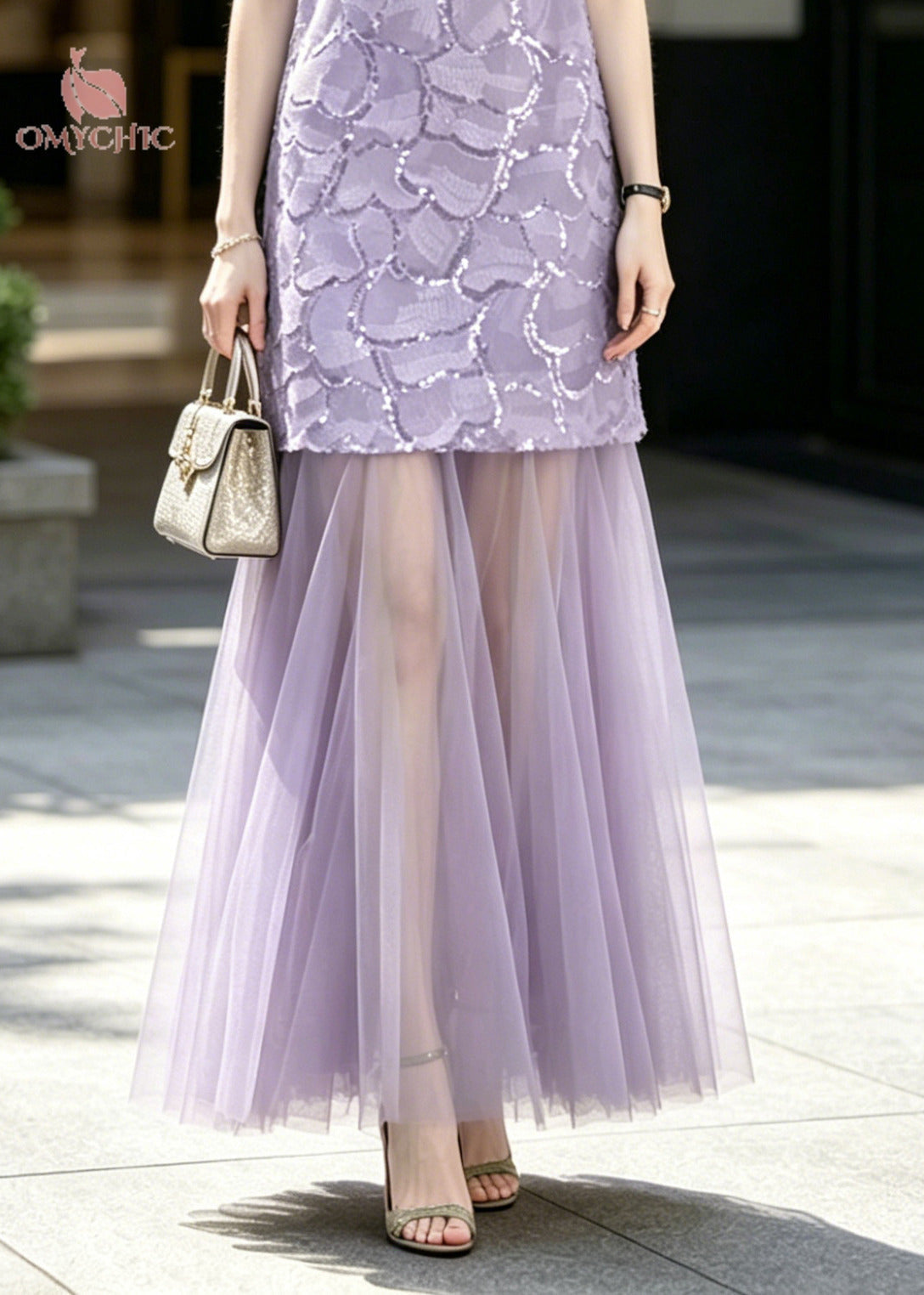 Sequin Tulle Crew Neck Sleeveless Maxi Dress
