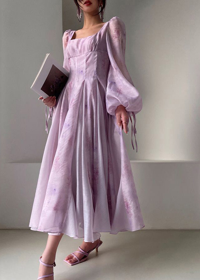 Floral Print Square Neck Puff Sleeve Ribbon Tie Cuff Fit and Flare Maxi Dress