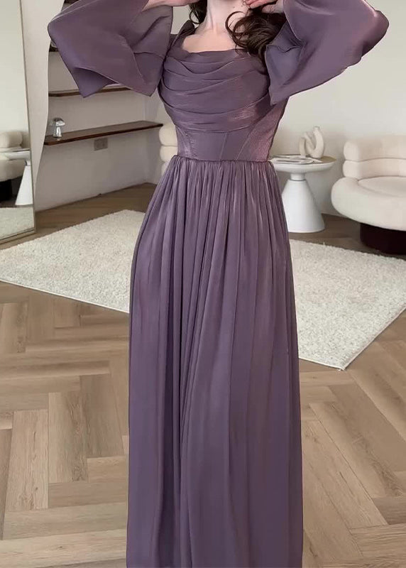 Satin Square Neck Draped Bust Corset Waist Pleated Long Sleeve Maxi Gown