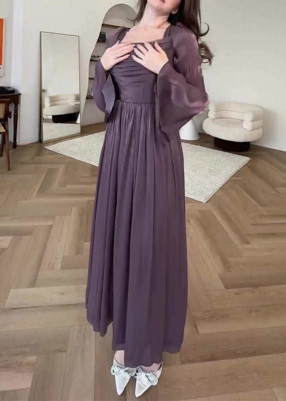 Satin Square Neck Draped Bust Corset Waist Pleated Long Sleeve Maxi Gown