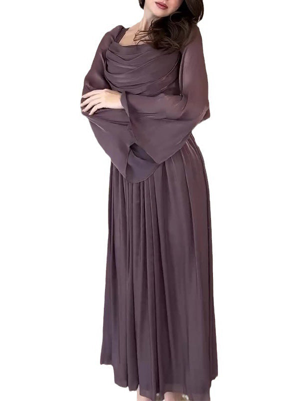 Satin Square Neck Draped Bust Corset Waist Pleated Long Sleeve Maxi Gown