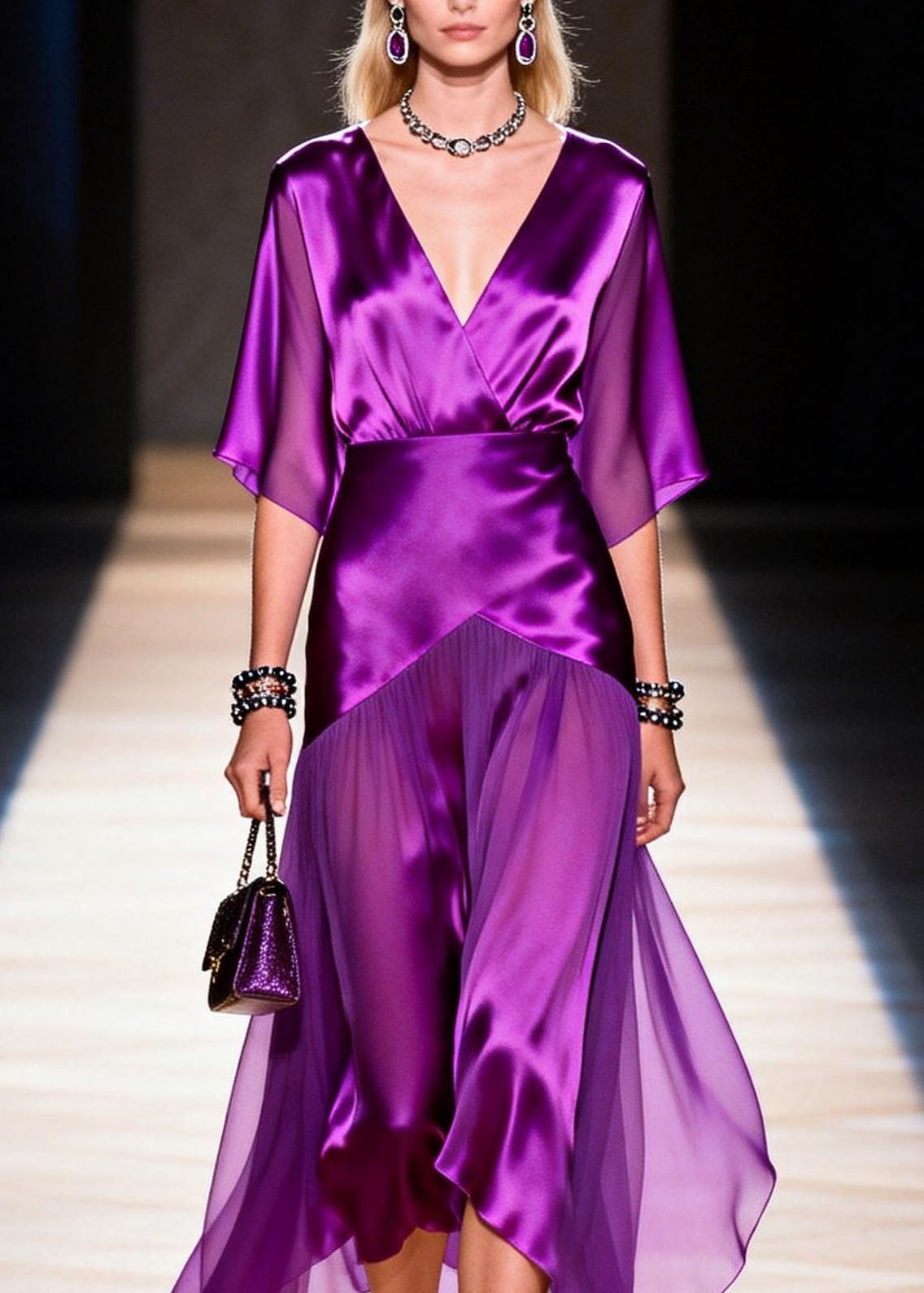 Satin Wrap Deep V-Neck Flutter Sleeve Handkerchief Hem Asymmetric Midi Dress