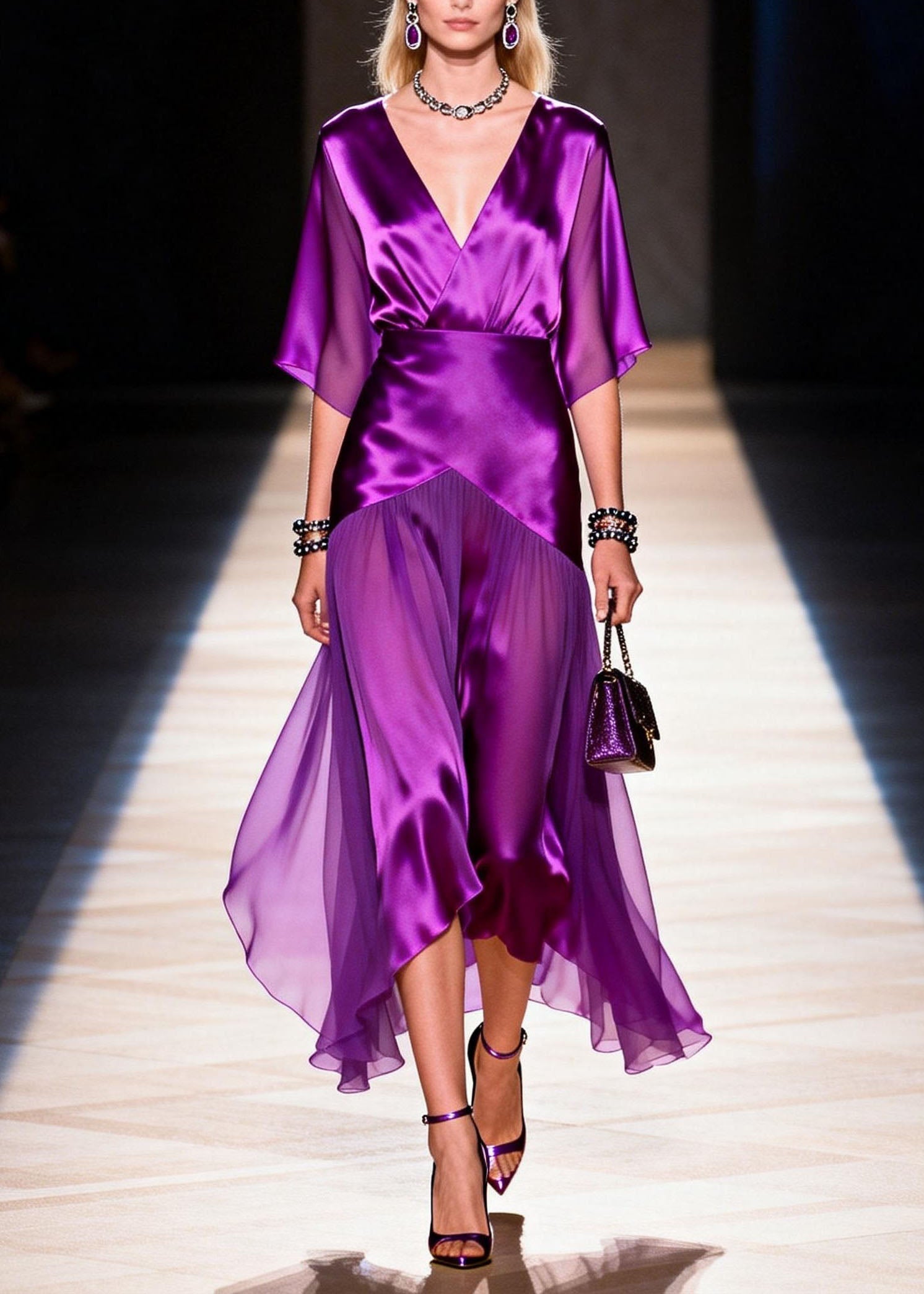 Satin Wrap Deep V-Neck Flutter Sleeve Handkerchief Hem Asymmetric Midi Dress