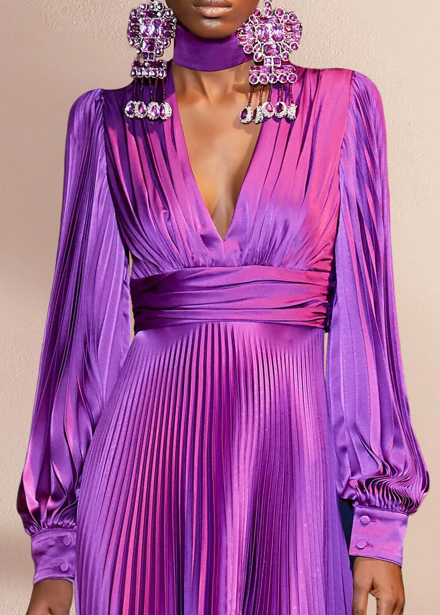 Pleated Satin Deep V-Neck Long Sleeve Wide Waistband Maxi Gown